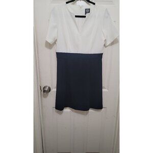 VICE CAMUTO WOMEN'S NAVY BLUE AND WHITE COLORBLOCK ABOVE KNEE STRETCH DRESS SIZE